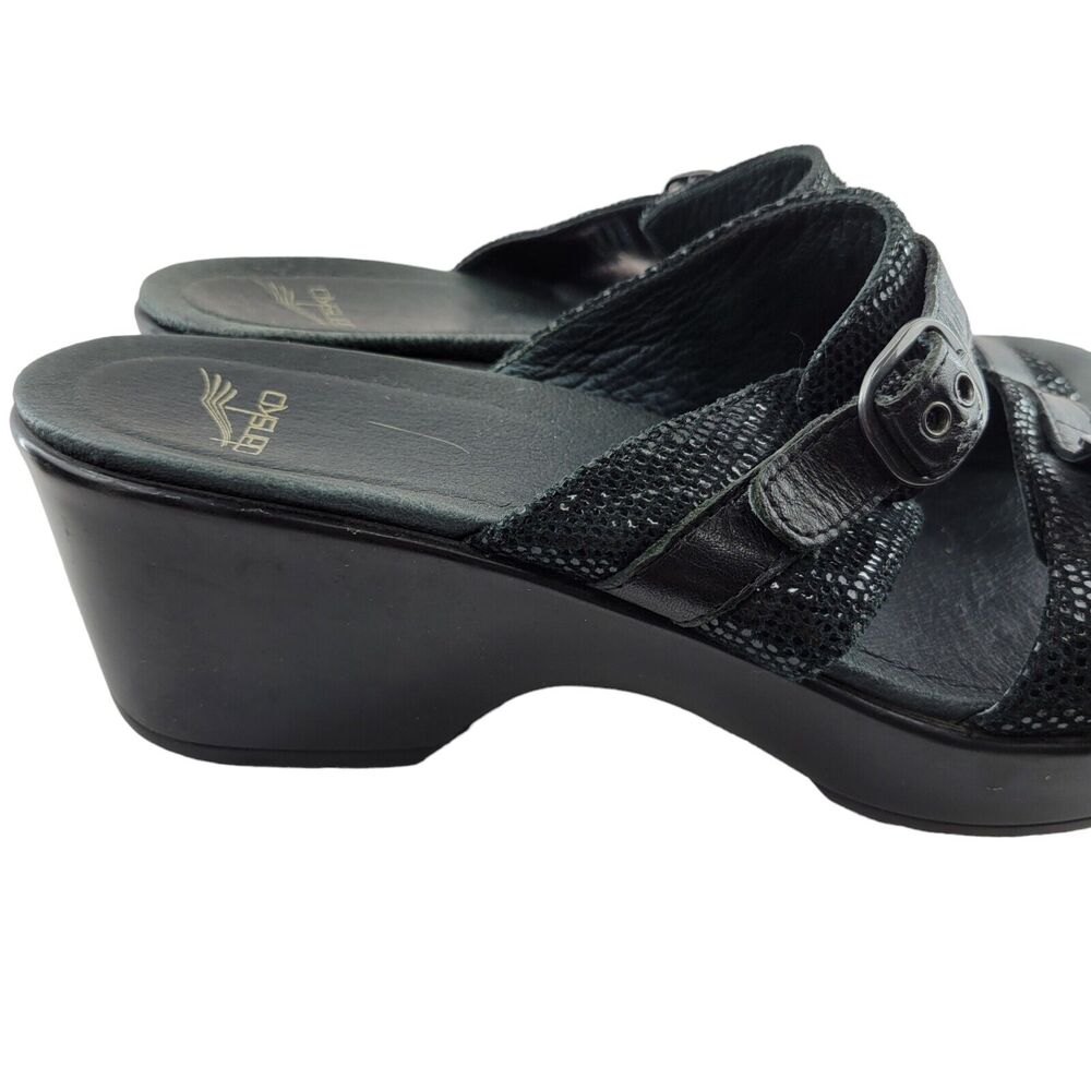 Dansko Wedge Sandals Jessie Size 41 10.5-11 Black Lizard Leather‎ Slip On Buckle - Picture 2 of 13